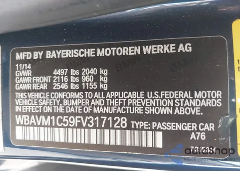 2015 BMW X1 Sdrive28I из США, поврежденный, VIN WBAVM1C59FV317128